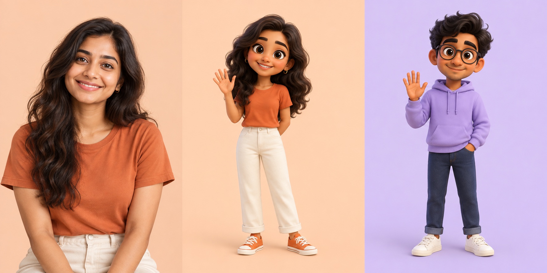 Illustrative portrait of a woman with wavy dark hair and an orange shirt